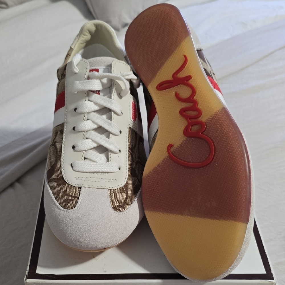 Coach Beige and Red Monogram Sneakers - Picture 4 of 5